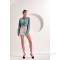 Camicia crop da donna in denim azzurro